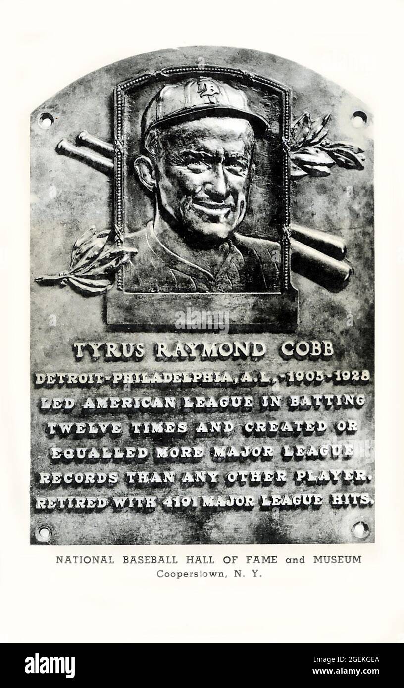 Cartolina ricordo della targa della Baseball Hall of Fame di Ty Cobb a Cooperstown, N.Y. Foto Stock