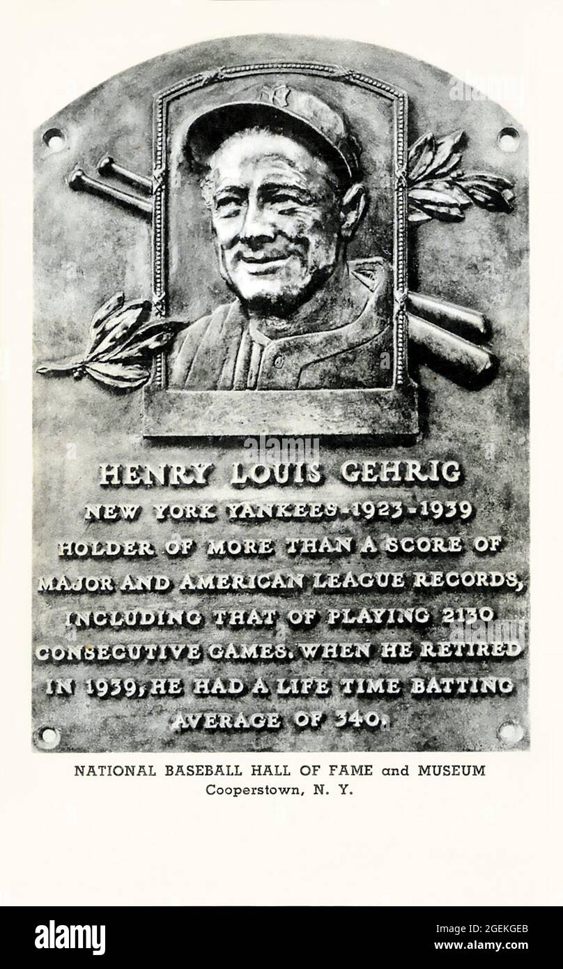 Cartolina ricordo in bianco e nero raffigurante la placca della Hall of Fame per il grande Lou Gehrig di Yankee a Cooperstown, New York. Foto Stock