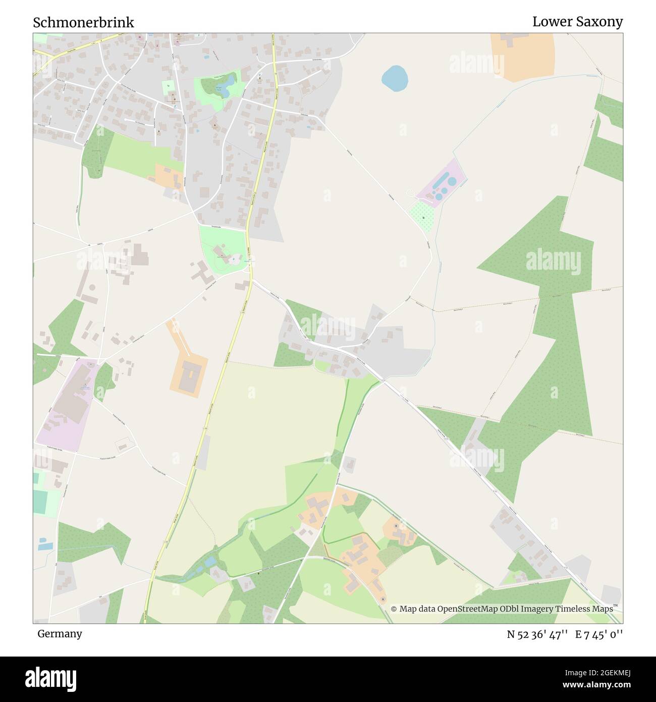 Schmonerbrak, Germania, bassa Sassonia, N 52 36' 47'', e 7 45' 0''', mappa, mappa senza tempo pubblicata nel 2021. Viaggiatori, esploratori e avventurieri come Florence Nightingale, David Livingstone, Ernest Shackleton, Lewis and Clark e Sherlock Holmes si sono affidati alle mappe per pianificare i viaggi verso gli angoli più remoti del mondo, Timeless Maps sta mappando la maggior parte delle località del mondo, mostrando il successo di grandi sogni Foto Stock