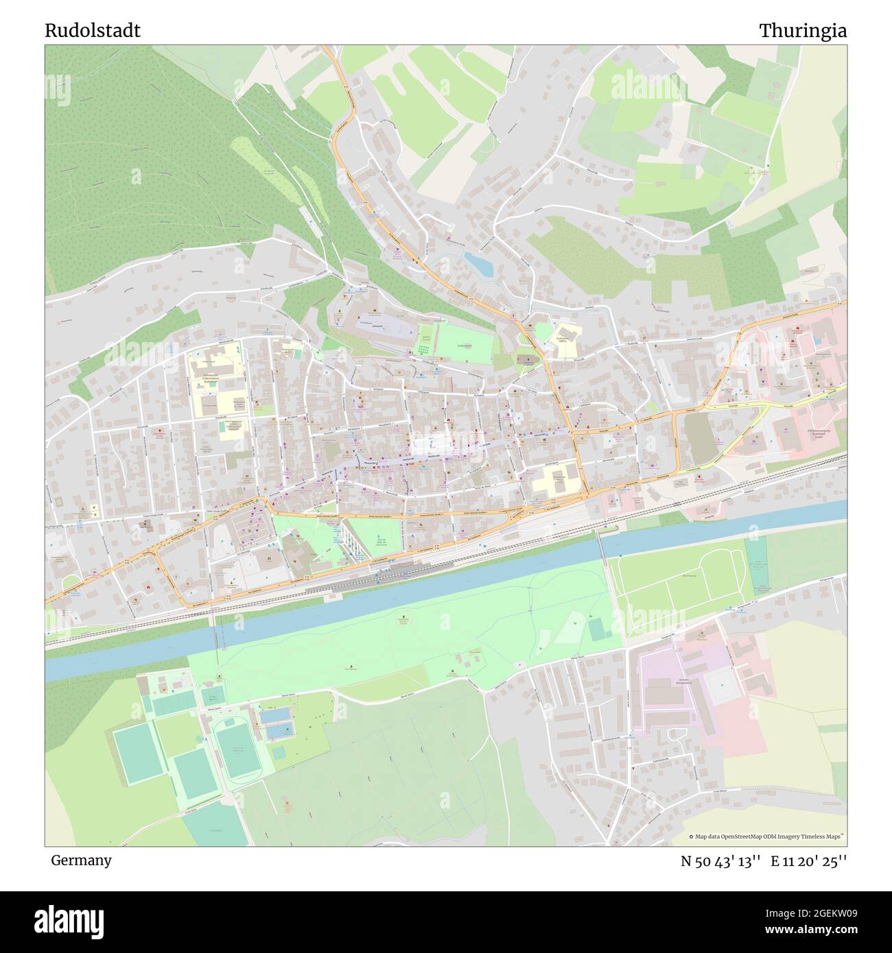 Rudolstadt, Germania, Turingia, N 50 43' 13'', e 11 20' 25''', mappa, mappa senza tempo pubblicata nel 2021. Viaggiatori, esploratori e avventurieri come Florence Nightingale, David Livingstone, Ernest Shackleton, Lewis and Clark e Sherlock Holmes si sono affidati alle mappe per pianificare i viaggi verso gli angoli più remoti del mondo, Timeless Maps sta mappando la maggior parte delle località del mondo, mostrando il successo di grandi sogni Foto Stock