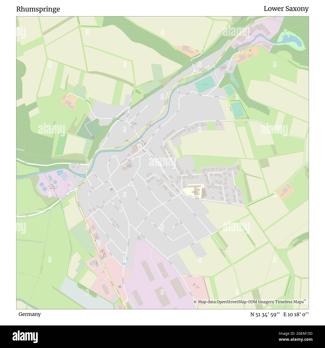 Rhumspringe, Germania, bassa Sassonia, N 51 34' 59'', e 10 18' 0''', mappa, mappa senza tempo pubblicata nel 2021. Viaggiatori, esploratori e avventurieri come Florence Nightingale, David Livingstone, Ernest Shackleton, Lewis and Clark e Sherlock Holmes si sono affidati alle mappe per pianificare i viaggi verso gli angoli più remoti del mondo, Timeless Maps sta mappando la maggior parte delle località del mondo, mostrando il successo di grandi sogni Foto Stock