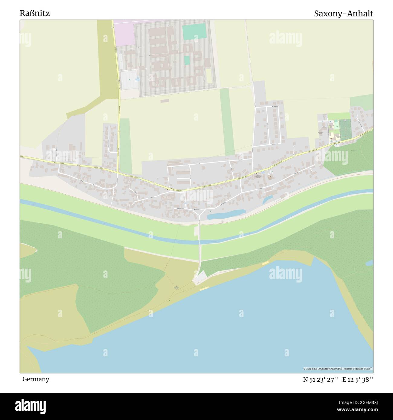 Raßnitz, Germania, Sassonia-Anhalt, N 51 23' 27'', e 12 5' 38''', mappa, mappa senza tempo pubblicata nel 2021. Viaggiatori, esploratori e avventurieri come Florence Nightingale, David Livingstone, Ernest Shackleton, Lewis and Clark e Sherlock Holmes si sono affidati alle mappe per pianificare i viaggi verso gli angoli più remoti del mondo, Timeless Maps sta mappando la maggior parte delle località del mondo, mostrando il successo di grandi sogni Foto Stock