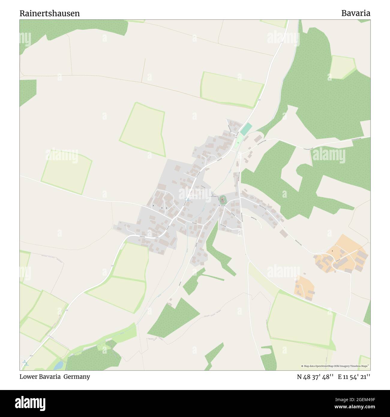 Rainertshausen, bassa Baviera, Germania, Baviera, N 48 37' 48''', e 11 54' 21''', mappa, mappa senza tempo pubblicata nel 2021. Viaggiatori, esploratori e avventurieri come Florence Nightingale, David Livingstone, Ernest Shackleton, Lewis and Clark e Sherlock Holmes si sono affidati alle mappe per pianificare i viaggi verso gli angoli più remoti del mondo, Timeless Maps sta mappando la maggior parte delle località del mondo, mostrando il successo di grandi sogni Foto Stock