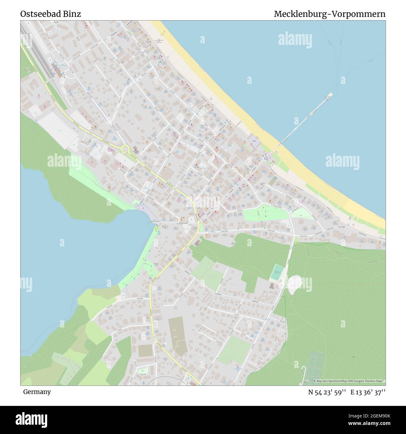 Ostseebad Binz, Germania, Mecklenburg-Vorpommern, N 54 23' 59'', e 13 36' 37'', mappa, mappa senza tempo pubblicata nel 2021. Viaggiatori, esploratori e avventurieri come Florence Nightingale, David Livingstone, Ernest Shackleton, Lewis and Clark e Sherlock Holmes si sono affidati alle mappe per pianificare i viaggi verso gli angoli più remoti del mondo, Timeless Maps sta mappando la maggior parte delle località del mondo, mostrando il successo di grandi sogni Foto Stock