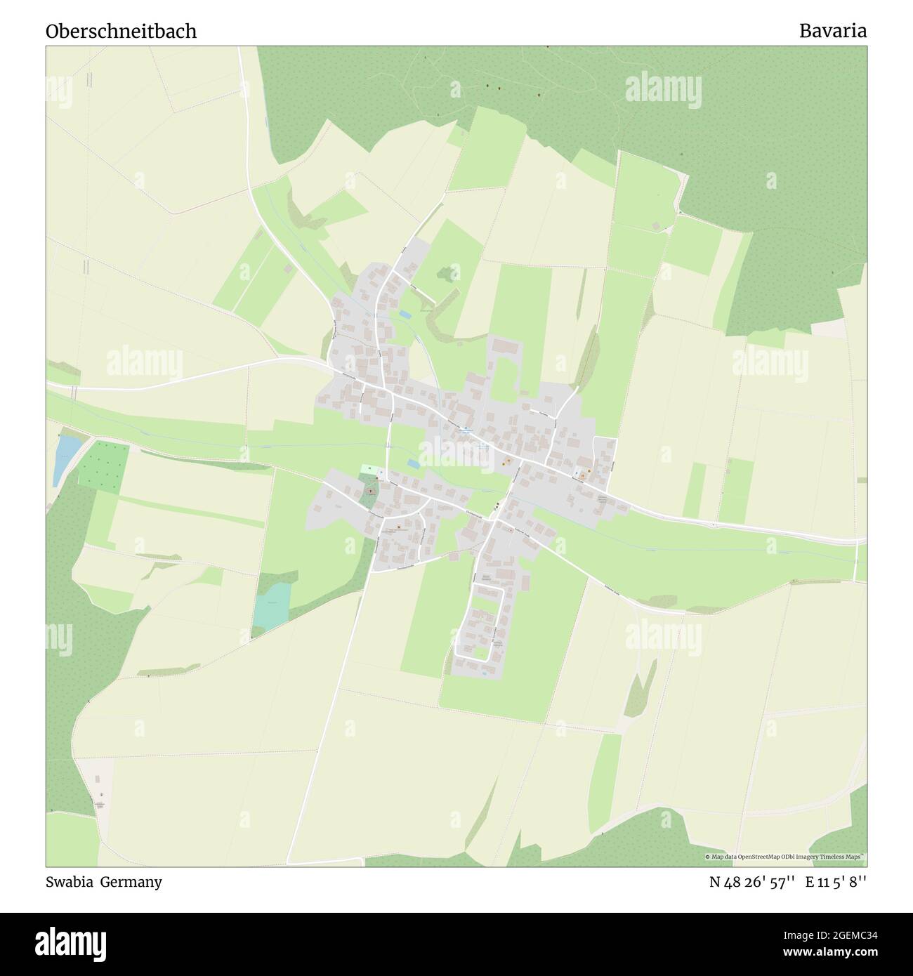 Oberschneitbach, Swabia, Germania, Baviera, N 48 26' 57'', e 11 5' 8''', mappa, mappa senza tempo pubblicata nel 2021. Viaggiatori, esploratori e avventurieri come Florence Nightingale, David Livingstone, Ernest Shackleton, Lewis and Clark e Sherlock Holmes si sono affidati alle mappe per pianificare i viaggi verso gli angoli più remoti del mondo, Timeless Maps sta mappando la maggior parte delle località del mondo, mostrando il successo di grandi sogni Foto Stock