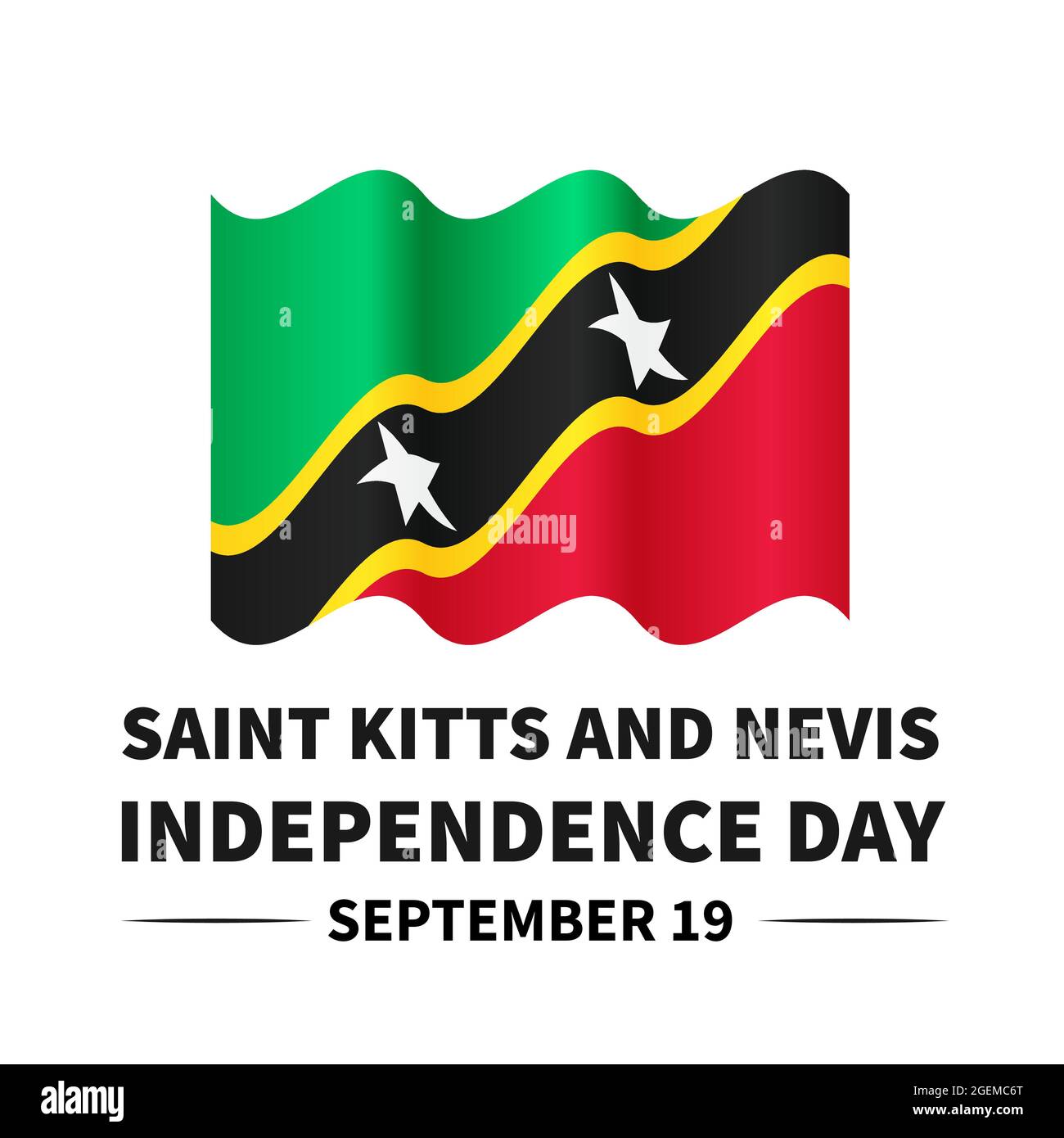 Saint Kitts e Nevis Independence Day scritta con bandiera isolata su bianco. Festa nazionale celebrata il 19 settembre. Modello vettoriale per tipra Illustrazione Vettoriale