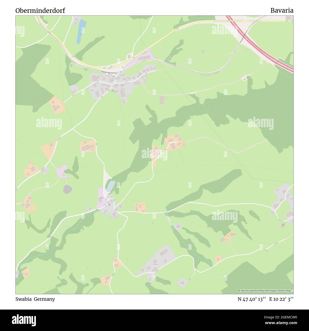 Oberminderdorf, Swabia, Germania, Baviera, N 47 40' 13'', e 10 22' 3''', mappa, mappa senza tempo pubblicata nel 2021. Viaggiatori, esploratori e avventurieri come Florence Nightingale, David Livingstone, Ernest Shackleton, Lewis and Clark e Sherlock Holmes si sono affidati alle mappe per pianificare i viaggi verso gli angoli più remoti del mondo, Timeless Maps sta mappando la maggior parte delle località del mondo, mostrando il successo di grandi sogni Foto Stock