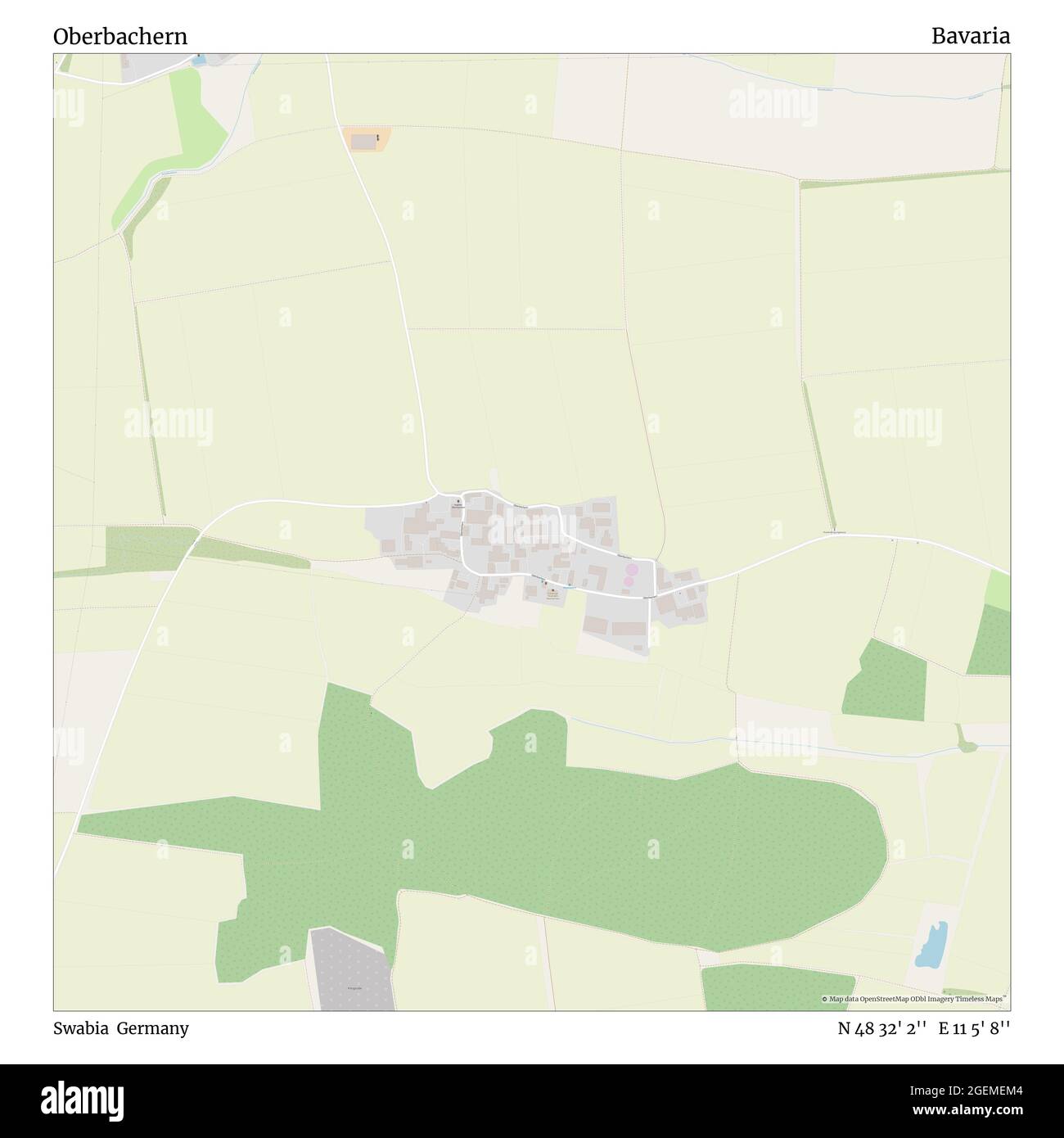 Oberbachern, Swabia, Germania, Baviera, N 48 32' 2'', e 11 5' 8''', mappa, mappa senza tempo pubblicata nel 2021. Viaggiatori, esploratori e avventurieri come Florence Nightingale, David Livingstone, Ernest Shackleton, Lewis and Clark e Sherlock Holmes si sono affidati alle mappe per pianificare i viaggi verso gli angoli più remoti del mondo, Timeless Maps sta mappando la maggior parte delle località del mondo, mostrando il successo di grandi sogni Foto Stock