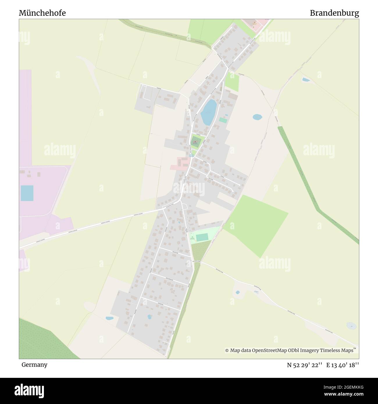 Münchehofe, Germania, Brandeburgo, N 52 29' 22'', e 13 40' 18'', mappa, Mappa senza tempo pubblicata nel 2021. Viaggiatori, esploratori e avventurieri come Florence Nightingale, David Livingstone, Ernest Shackleton, Lewis and Clark e Sherlock Holmes si sono affidati alle mappe per pianificare i viaggi verso gli angoli più remoti del mondo, Timeless Maps sta mappando la maggior parte delle località del mondo, mostrando il successo di grandi sogni Foto Stock