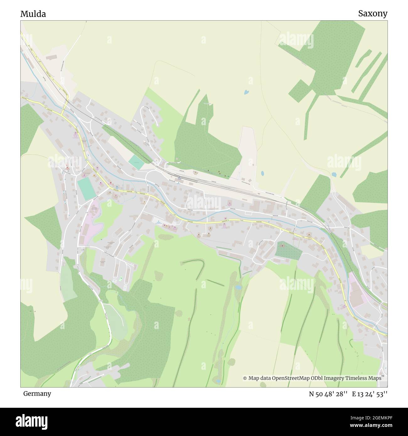 Mulda, Germania, Sassonia, N 50 48' 28''', e 13 24' 53''', mappa, mappa senza tempo pubblicata nel 2021. Viaggiatori, esploratori e avventurieri come Florence Nightingale, David Livingstone, Ernest Shackleton, Lewis and Clark e Sherlock Holmes si sono affidati alle mappe per pianificare i viaggi verso gli angoli più remoti del mondo, Timeless Maps sta mappando la maggior parte delle località del mondo, mostrando il successo di grandi sogni Foto Stock