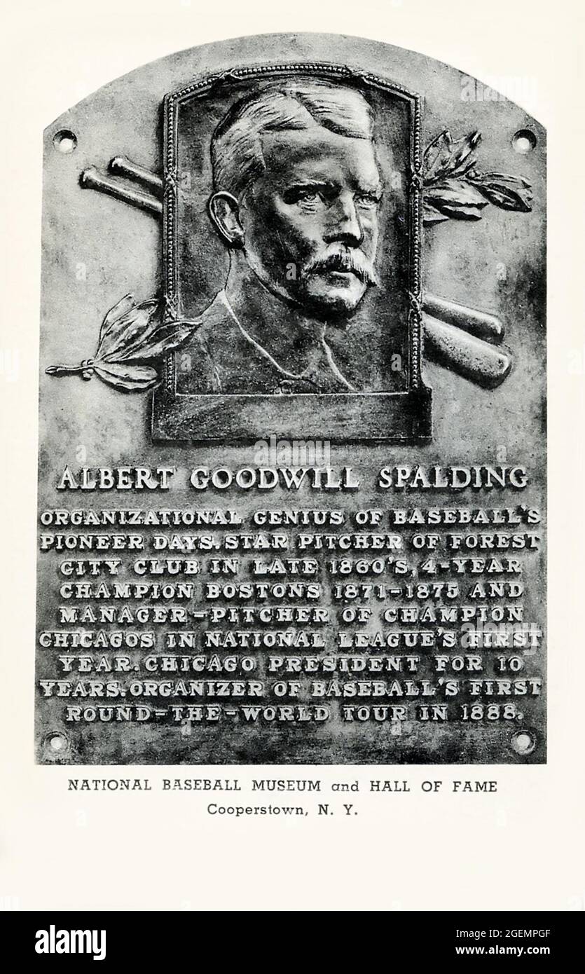 Cartolina ricordo in bianco e nero raffigurante la targa della Hall of Fame per il pioniere del baseball al Spalding a Cooperstown, New York Foto Stock