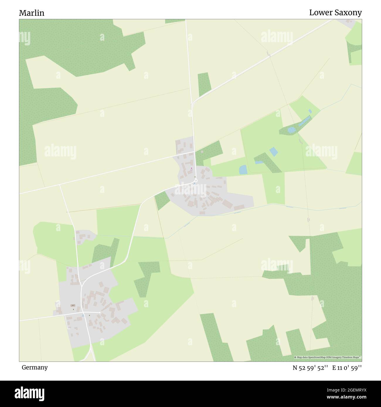 Marlin, Germania, bassa Sassonia, N 52 59' 52'', e 11 0' 59''', mappa, mappa senza tempo pubblicata nel 2021. Viaggiatori, esploratori e avventurieri come Florence Nightingale, David Livingstone, Ernest Shackleton, Lewis and Clark e Sherlock Holmes si sono affidati alle mappe per pianificare i viaggi verso gli angoli più remoti del mondo, Timeless Maps sta mappando la maggior parte delle località del mondo, mostrando il successo di grandi sogni Foto Stock
