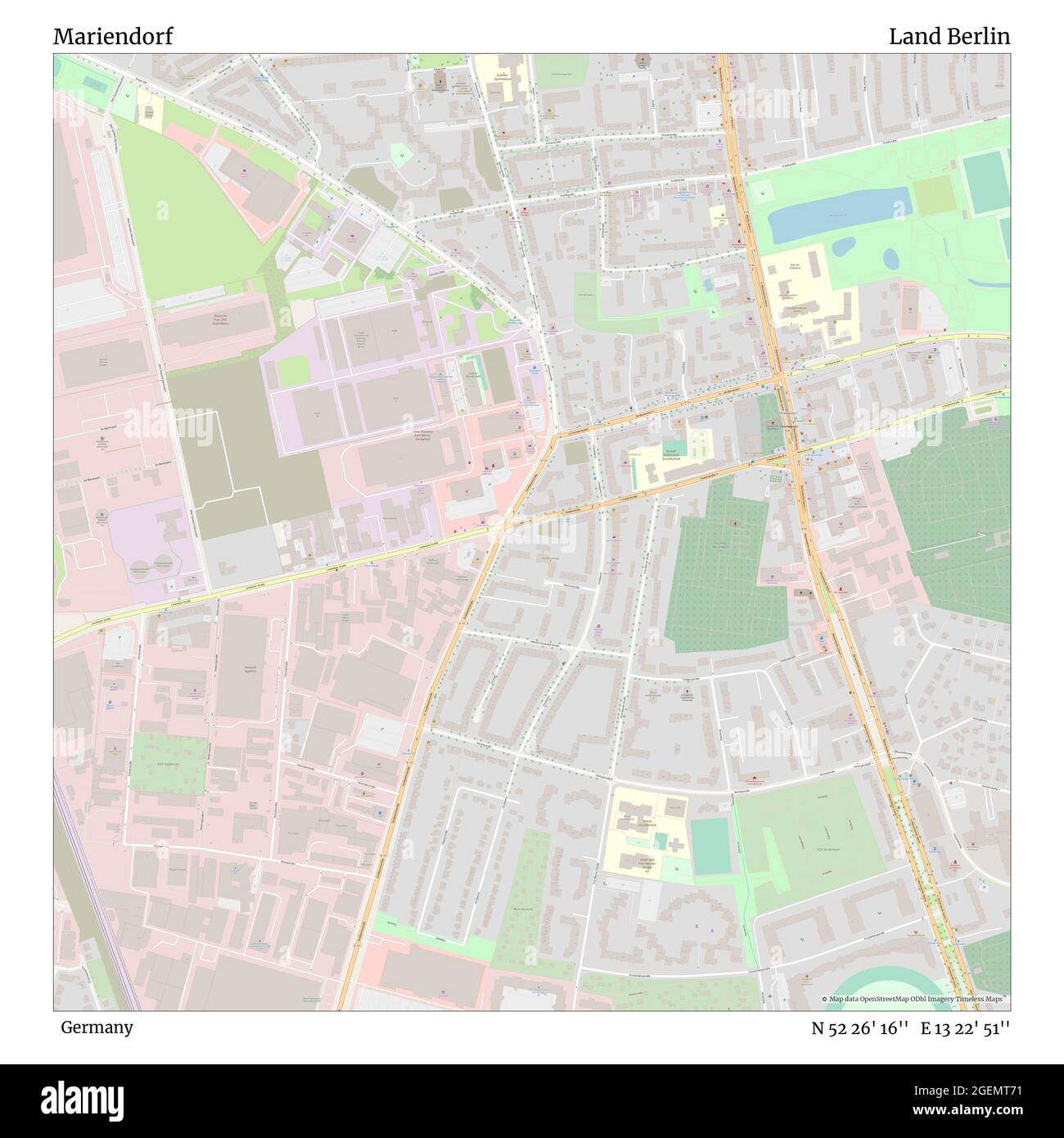 Mariendorf, Germania, Land Berlino, N 52 26' 16'', e 13 22' 51'', mappa, mappa senza tempo pubblicata nel 2021. Viaggiatori, esploratori e avventurieri come Florence Nightingale, David Livingstone, Ernest Shackleton, Lewis and Clark e Sherlock Holmes si sono affidati alle mappe per pianificare i viaggi verso gli angoli più remoti del mondo, Timeless Maps sta mappando la maggior parte delle località del mondo, mostrando il successo di grandi sogni Foto Stock