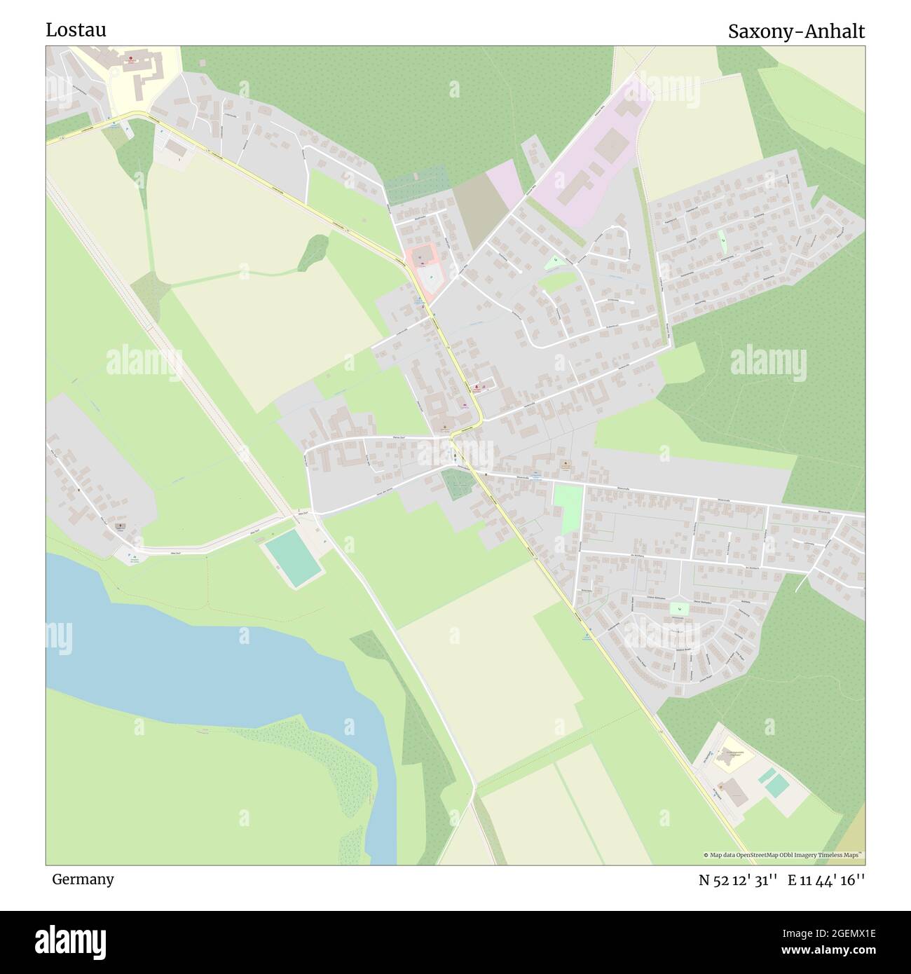 Lostau, Germania, Sassonia-Anhalt, N 52 12' 31'', e 11 44' 16''', mappa, mappa senza tempo pubblicata nel 2021. Viaggiatori, esploratori e avventurieri come Florence Nightingale, David Livingstone, Ernest Shackleton, Lewis and Clark e Sherlock Holmes si sono affidati alle mappe per pianificare i viaggi verso gli angoli più remoti del mondo, Timeless Maps sta mappando la maggior parte delle località del mondo, mostrando il successo di grandi sogni Foto Stock