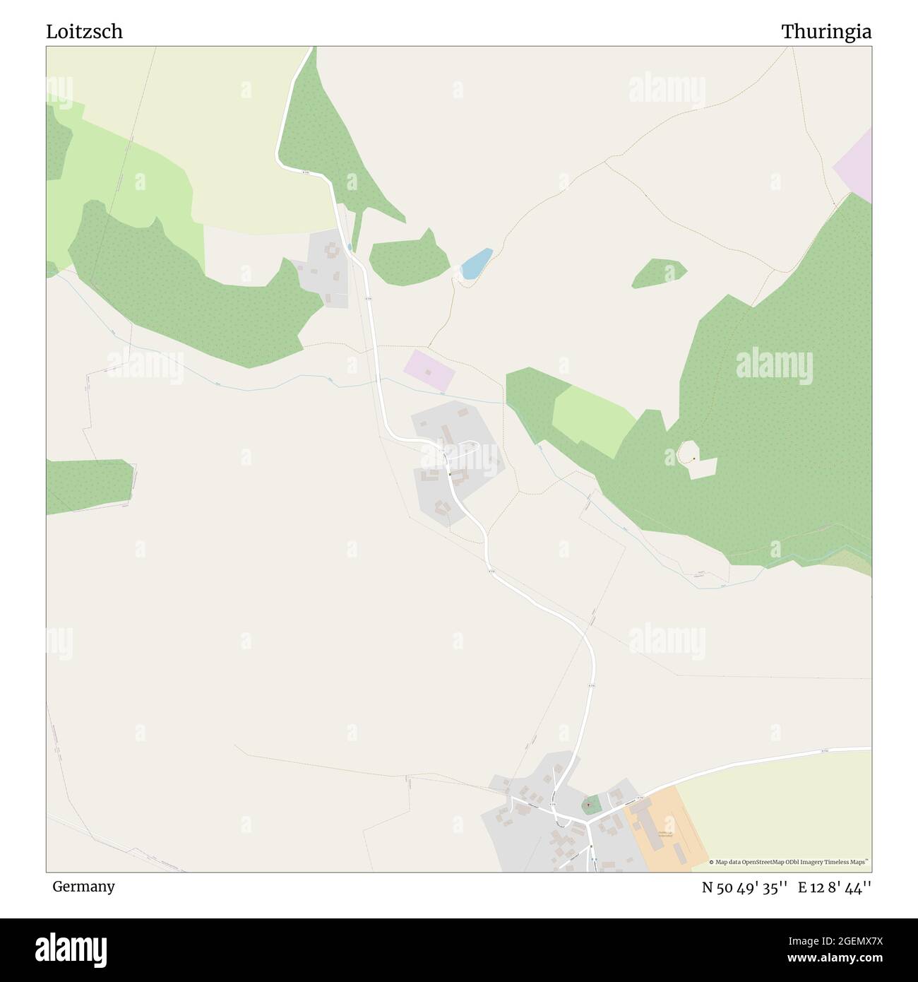 Loitzsch, Germania, Turingia, N 50 49' 35'', e 12 8' 44''', mappa, mappa senza tempo pubblicata nel 2021. Viaggiatori, esploratori e avventurieri come Florence Nightingale, David Livingstone, Ernest Shackleton, Lewis and Clark e Sherlock Holmes si sono affidati alle mappe per pianificare i viaggi verso gli angoli più remoti del mondo, Timeless Maps sta mappando la maggior parte delle località del mondo, mostrando il successo di grandi sogni Foto Stock