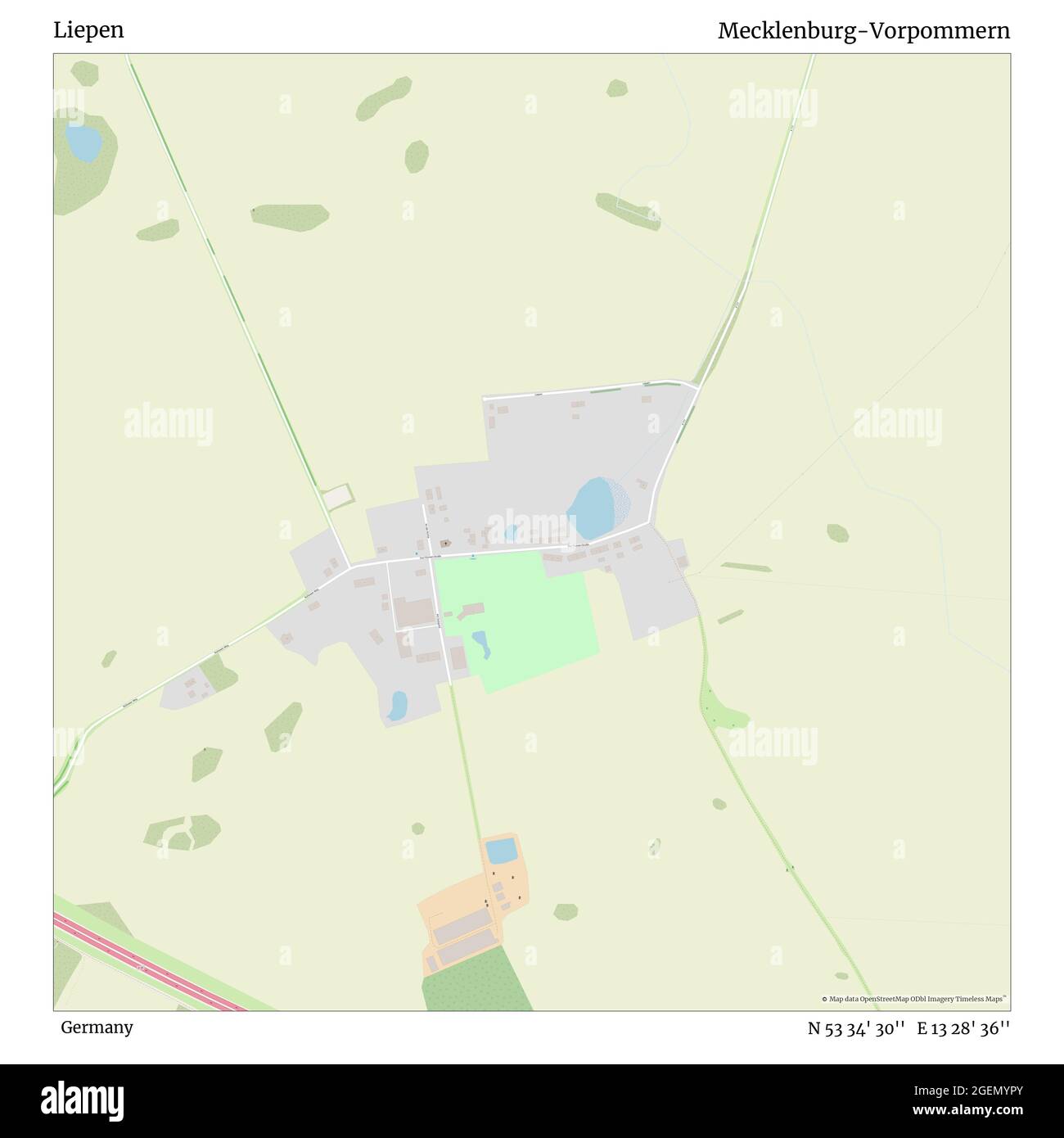 Liepen, Germania, Mecklenburg-Vorpommern, N 53 34' 30'', e 13 28' 36''', mappa, mappa senza tempo pubblicata nel 2021. Viaggiatori, esploratori e avventurieri come Florence Nightingale, David Livingstone, Ernest Shackleton, Lewis and Clark e Sherlock Holmes si sono affidati alle mappe per pianificare i viaggi verso gli angoli più remoti del mondo, Timeless Maps sta mappando la maggior parte delle località del mondo, mostrando il successo di grandi sogni Foto Stock