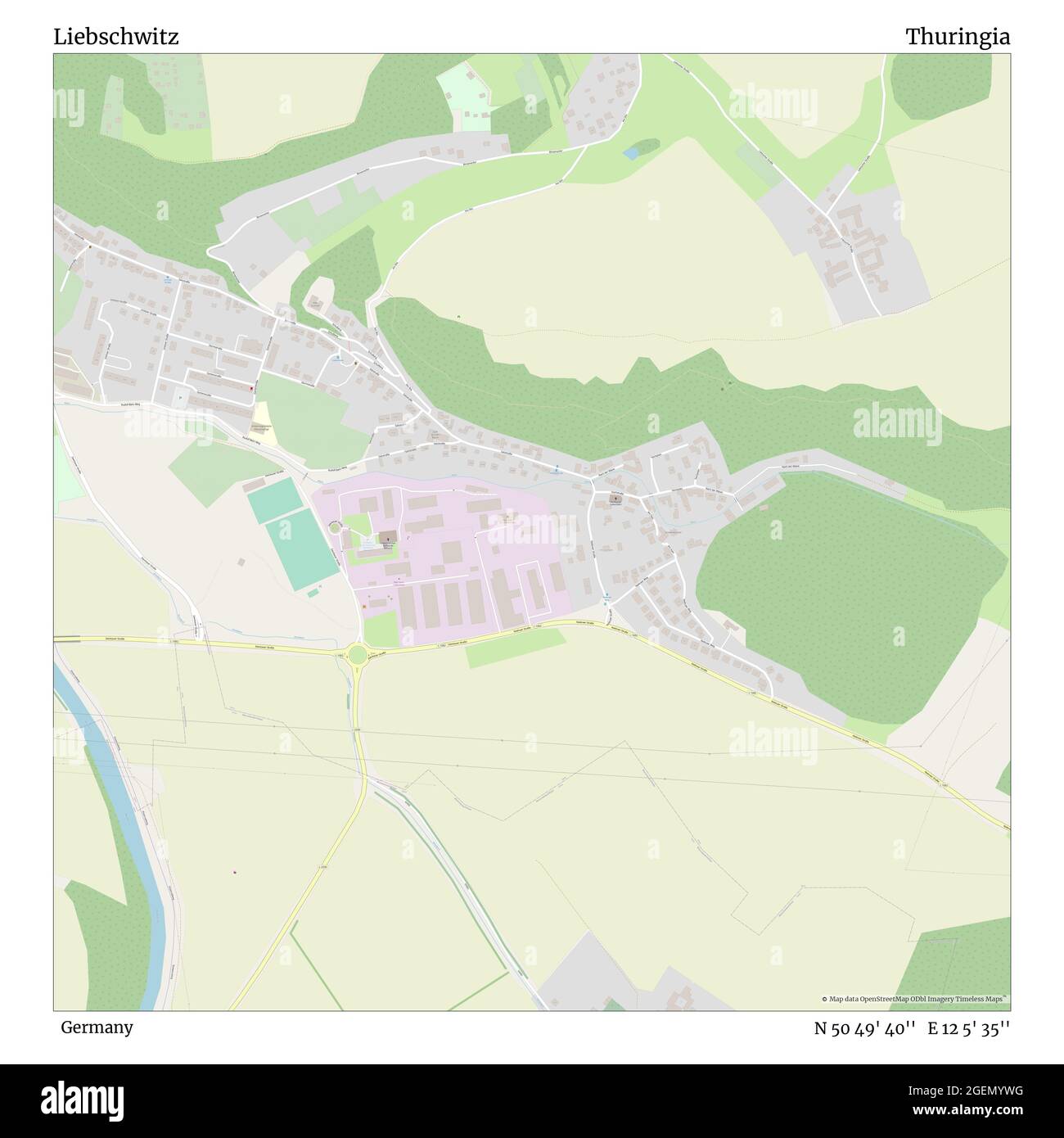 Liebschwitz, Germania, Turingia, N 50 49' 40'', e 12 5' 35''', mappa, mappa senza tempo pubblicata nel 2021. Viaggiatori, esploratori e avventurieri come Florence Nightingale, David Livingstone, Ernest Shackleton, Lewis and Clark e Sherlock Holmes si sono affidati alle mappe per pianificare i viaggi verso gli angoli più remoti del mondo, Timeless Maps sta mappando la maggior parte delle località del mondo, mostrando il successo di grandi sogni Foto Stock