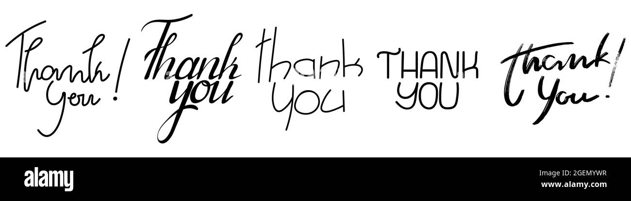 Insieme di vari slogan di ringraziamento scritto a mano . Collezione disegnata a mano con lettere Grazie. Illustrazione vettoriale isolata su sfondo bianco. Illustrazione Vettoriale