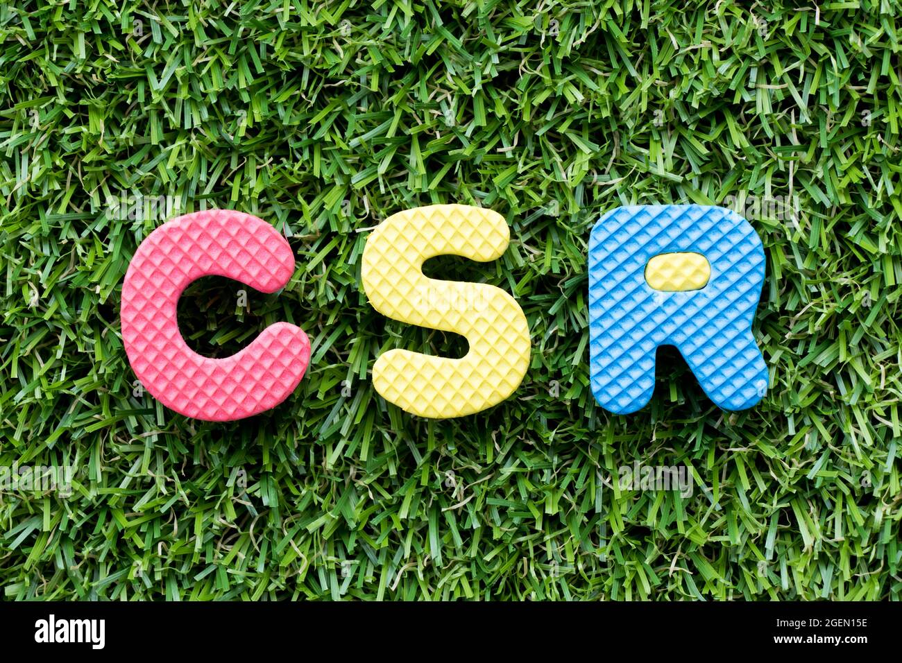 Lettera alfabetica a colori in parola CSR (Abbreviazione della responsabilità sociale d'impresa) su sfondo artificiale verde erba Foto Stock