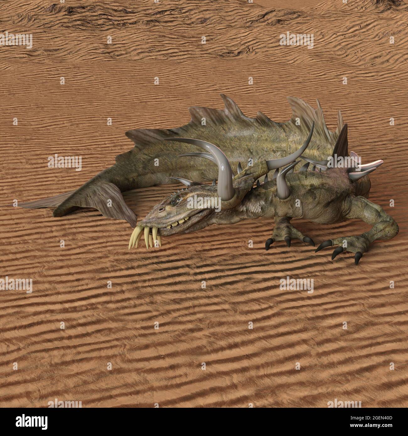 illustrazione in 3d di un drago fantasy gigante con corna Foto Stock