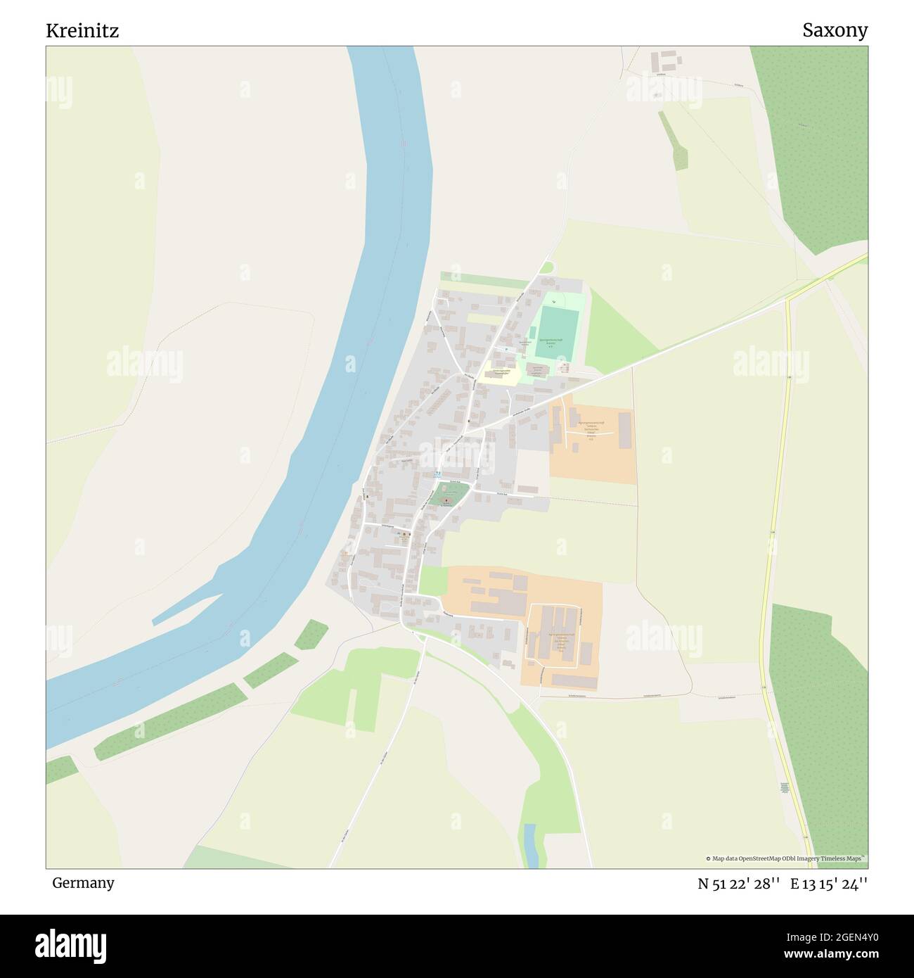 Kreinitz, Germania, Sassonia, N 51 22' 28'', e 13 15' 24'', mappa, mappa senza tempo pubblicata nel 2021. Viaggiatori, esploratori e avventurieri come Florence Nightingale, David Livingstone, Ernest Shackleton, Lewis and Clark e Sherlock Holmes si sono affidati alle mappe per pianificare i viaggi verso gli angoli più remoti del mondo, Timeless Maps sta mappando la maggior parte delle località del mondo, mostrando il successo di grandi sogni Foto Stock