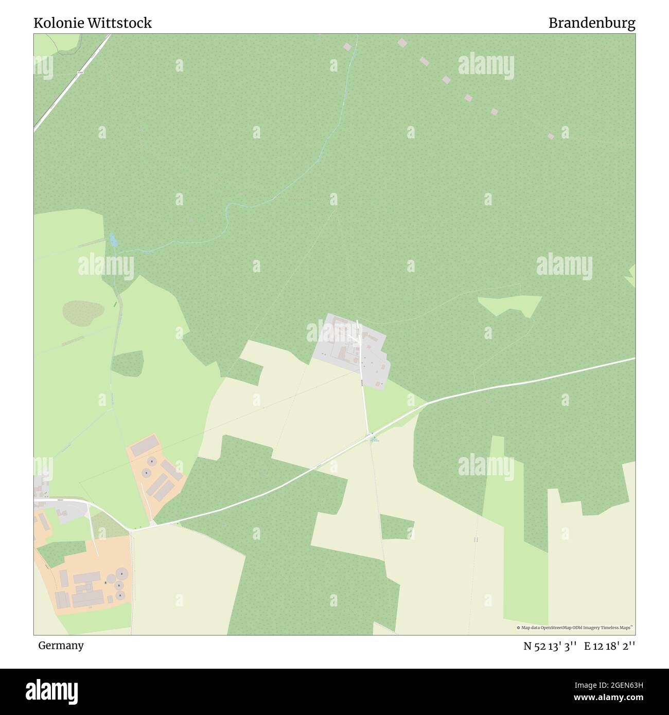 Kolonie Wittstock, Germania, Brandeburgo, N 52 13' 3'', e 12 18' 2''', mappa, mappa senza tempo pubblicata nel 2021. Viaggiatori, esploratori e avventurieri come Florence Nightingale, David Livingstone, Ernest Shackleton, Lewis and Clark e Sherlock Holmes si sono affidati alle mappe per pianificare i viaggi verso gli angoli più remoti del mondo, Timeless Maps sta mappando la maggior parte delle località del mondo, mostrando il successo di grandi sogni Foto Stock