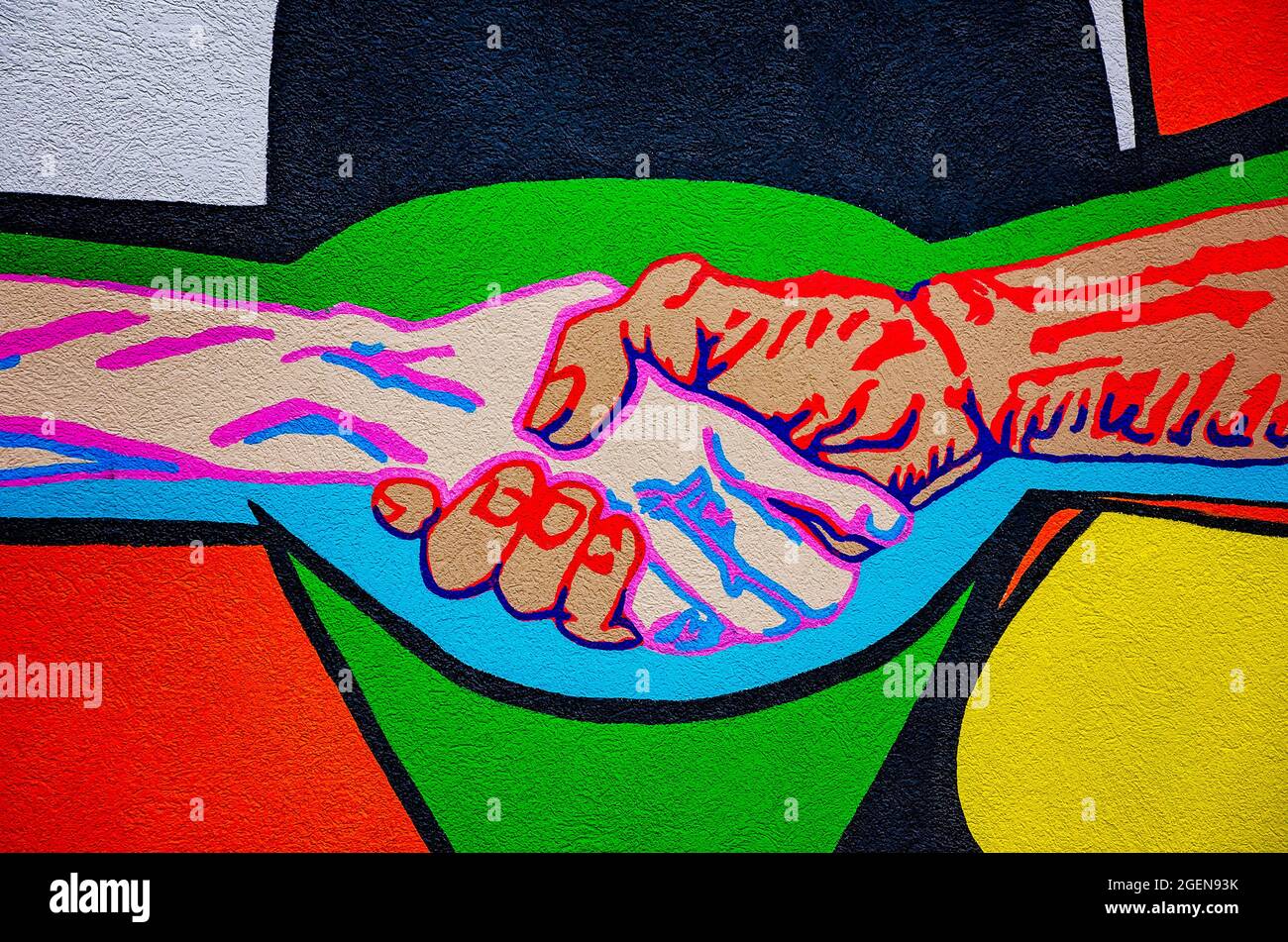 Un murale della Chiesa Presbiteriana Centrale mette in evidenza la missione della Chiesa di amore, servizio, accoglienza e speranza, 14 agosto, 2021, a Mobile, Alabama. Foto Stock