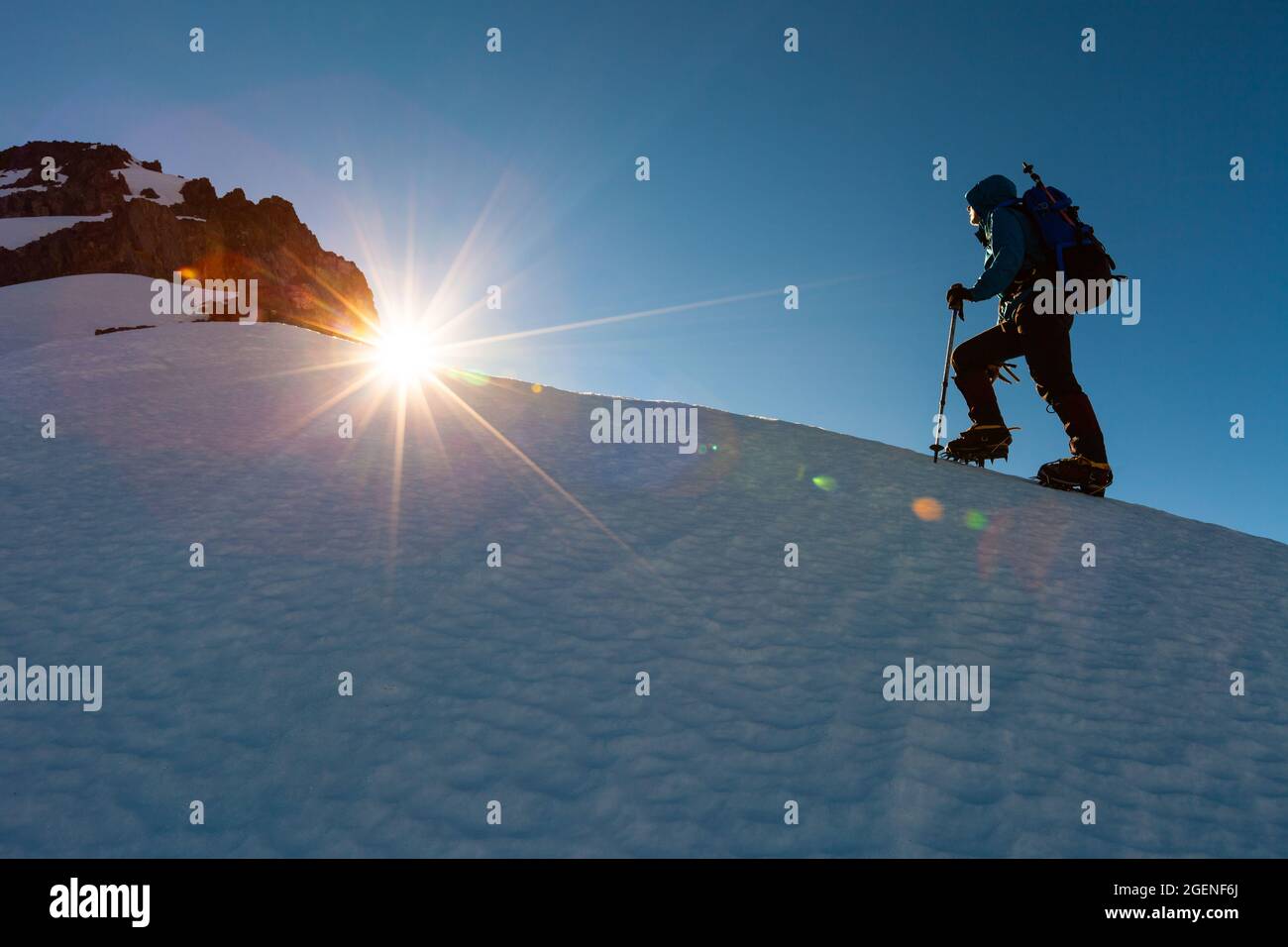 Alpinista femminile su Tapuae-o-Uenuku, Ka Whata Tu o Rakihouia Conservation Park Foto Stock