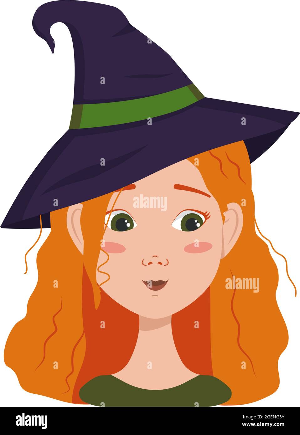 Avatar di una donna con capelli ricci rossi, emozioni timorose, faccia imbarazzata e occhio calco che indossa un cappello di strega. Ragazza con greckles in un vestito per Halloween Illustrazione Vettoriale