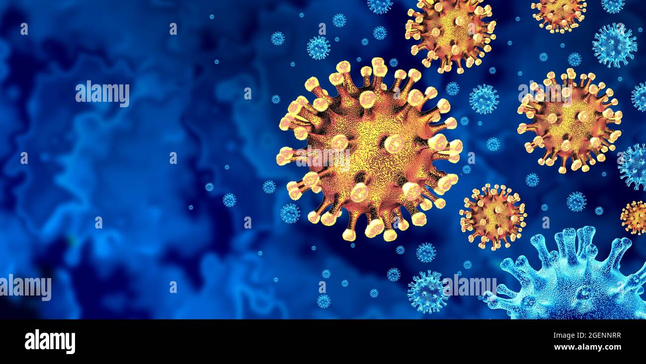 Il virus della variante lambda come il concetto di cellule mutanti delta o covid e il nuovo coronavirus b.1.1.7 focolaio o mutazione di cellule virali covid-19. Foto Stock