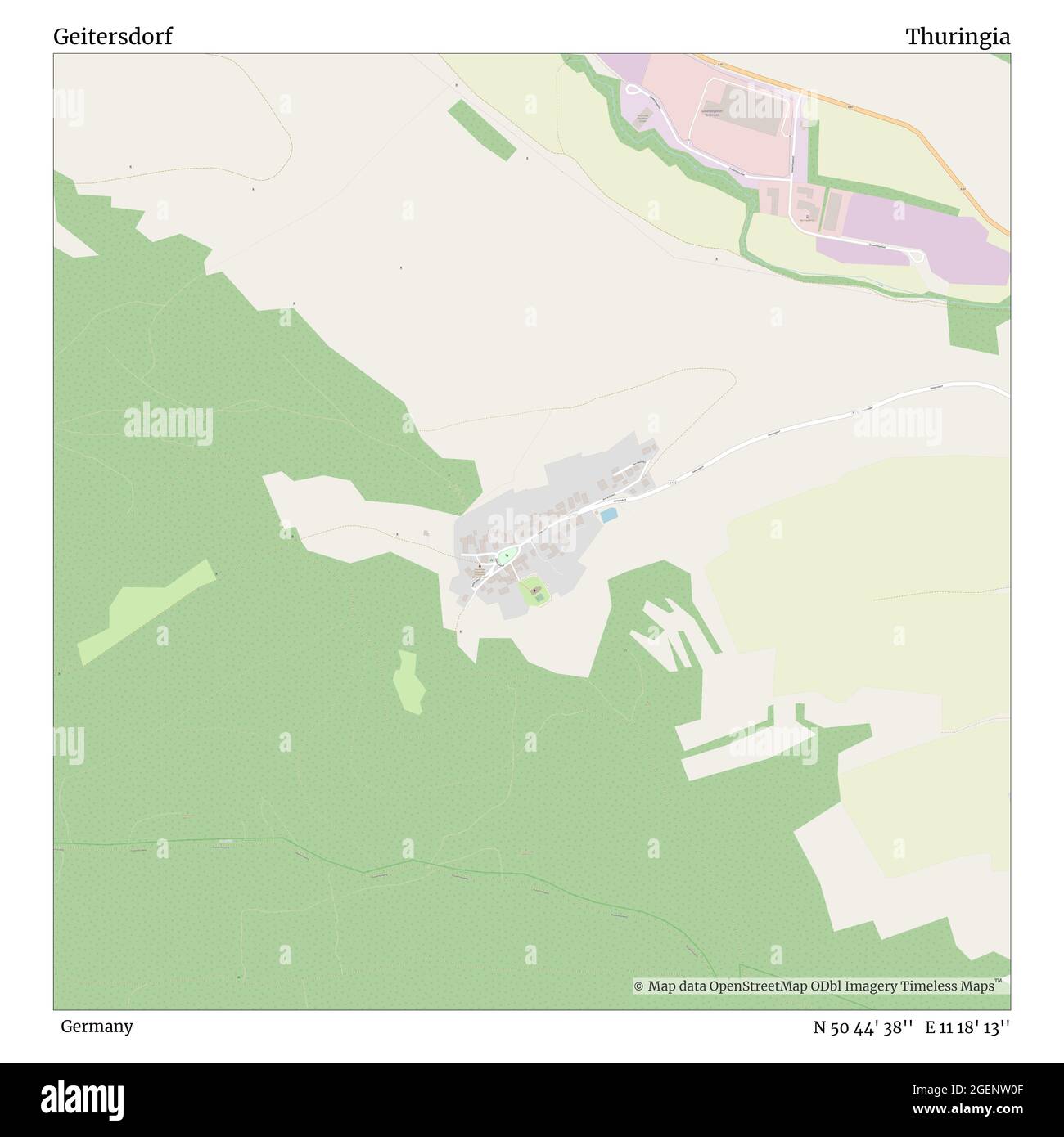 Geitersdorf, Germania, Turingia, N 50 44' 38'', e 11 18' 13''', mappa, mappa senza tempo pubblicata nel 2021. Viaggiatori, esploratori e avventurieri come Florence Nightingale, David Livingstone, Ernest Shackleton, Lewis and Clark e Sherlock Holmes si sono affidati alle mappe per pianificare i viaggi verso gli angoli più remoti del mondo, Timeless Maps sta mappando la maggior parte delle località del mondo, mostrando il successo di grandi sogni Foto Stock