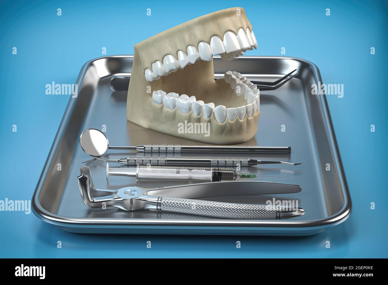 Strumenti dentistici per la cura dentale e modello di tutore umano. illustrazione 3d Foto Stock