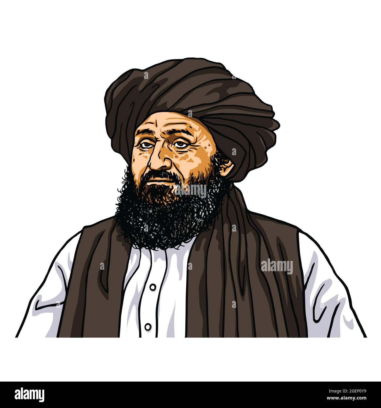 Abdul Ghani Baradar, il leader del disegno di caricatura di Cartoon del vettore Taliban. Kabul, Afghanistan, 21 agosto 2021 Illustrazione Vettoriale