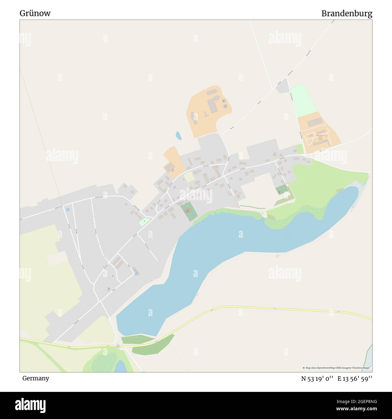 Grünow, Germania, Brandeburgo, N 53 19' 0'', e 13 56' 59'', mappa, Mappa senza tempo pubblicata nel 2021. Viaggiatori, esploratori e avventurieri come Florence Nightingale, David Livingstone, Ernest Shackleton, Lewis and Clark e Sherlock Holmes si sono affidati alle mappe per pianificare i viaggi verso gli angoli più remoti del mondo, Timeless Maps sta mappando la maggior parte delle località del mondo, mostrando il successo di grandi sogni Foto Stock