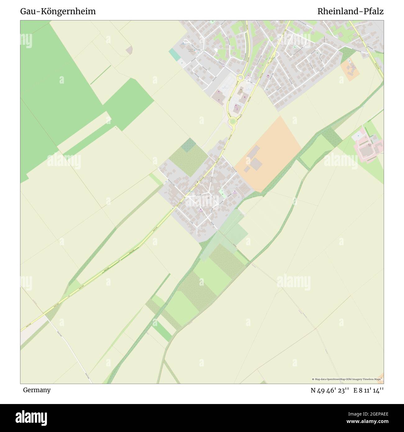 Gau-Köngernheim, Germania, Rheinland-Pfalz, N 49 46' 23'', e 8 11' 14''', mappa, mappa senza tempo pubblicata nel 2021. Viaggiatori, esploratori e avventurieri come Florence Nightingale, David Livingstone, Ernest Shackleton, Lewis and Clark e Sherlock Holmes si sono affidati alle mappe per pianificare i viaggi verso gli angoli più remoti del mondo, Timeless Maps sta mappando la maggior parte delle località del mondo, mostrando il successo di grandi sogni Foto Stock