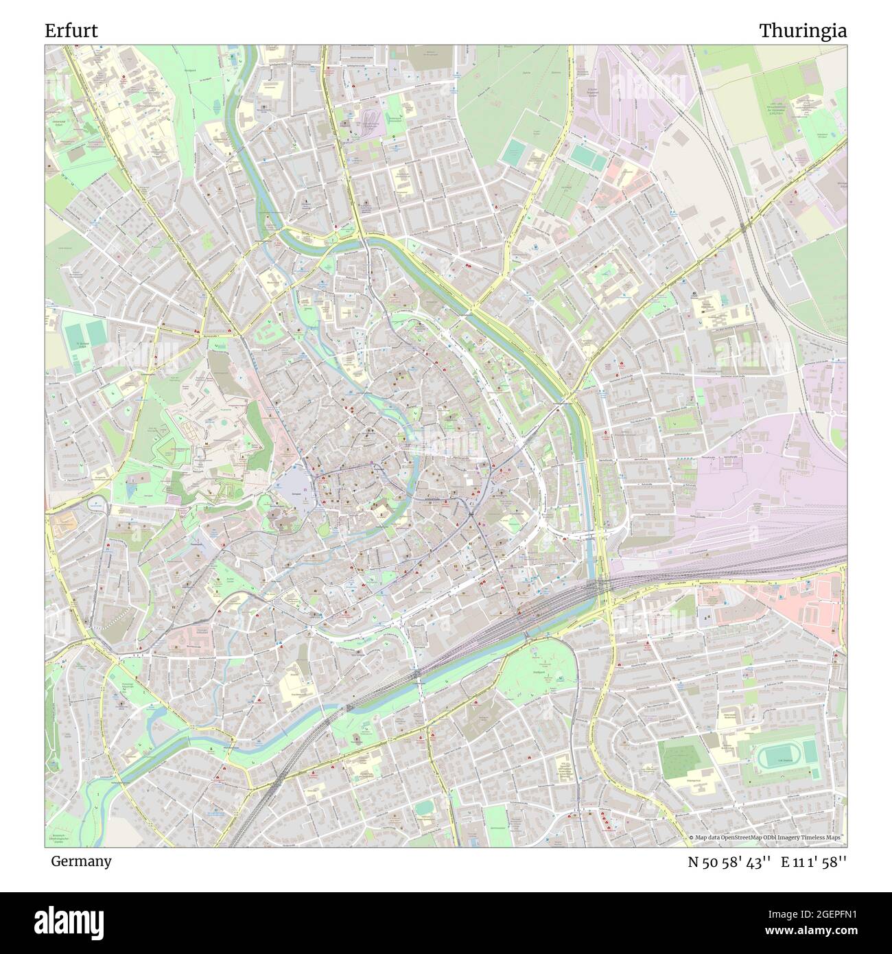 Erfurt, Germania, Turingia, N 50 58' 43'', e 11 1' 58'', mappa, mappa senza tempo pubblicata nel 2021. Viaggiatori, esploratori e avventurieri come Florence Nightingale, David Livingstone, Ernest Shackleton, Lewis and Clark e Sherlock Holmes si sono affidati alle mappe per pianificare i viaggi verso gli angoli più remoti del mondo, Timeless Maps sta mappando la maggior parte delle località del mondo, mostrando il successo di grandi sogni Foto Stock