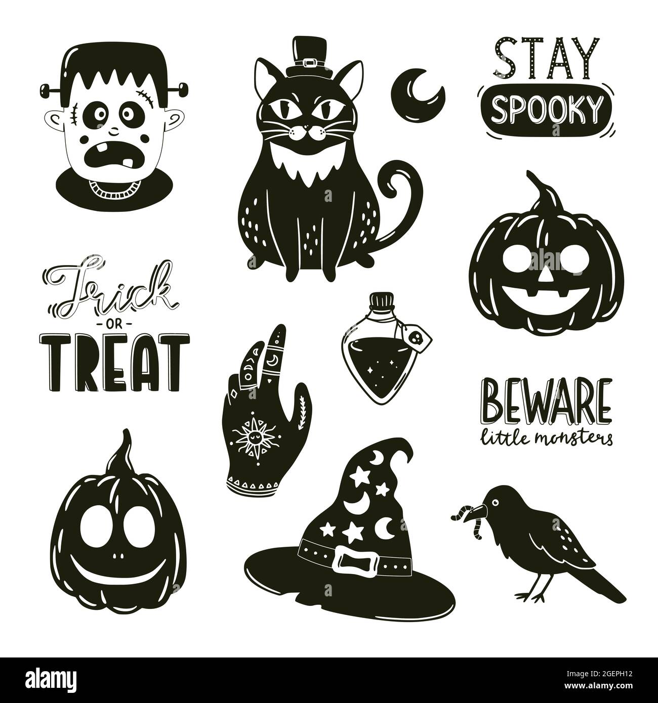 Stampa in bianco e nero con elementi di Halloween. Elementi decorativi e tipografia di tipo spooky. Illustrazioni vettoriali disegnate a mano e scritte. Illustrazione Vettoriale