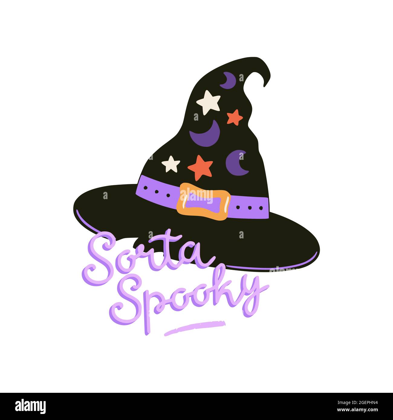 Cute Halloween stampa con cartone animato witch cappello e scritta. Illustrazione disegnata a mano con vettore. Poster di Halloween, banner, decorazioni per feste. Illustrazione Vettoriale