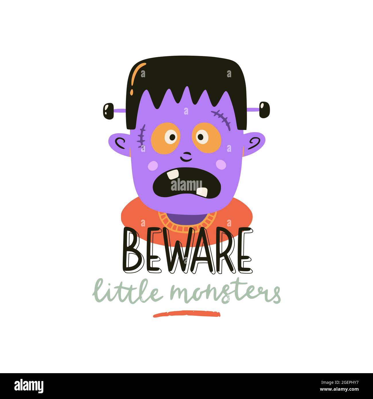 Halloween stampa con simpatico mostro. Illustrazione vettoriale e caratteri. Attenzione ai mostri piccoli. Carattere disegnato a mano per decorazioni da festa. Illustrazione Vettoriale