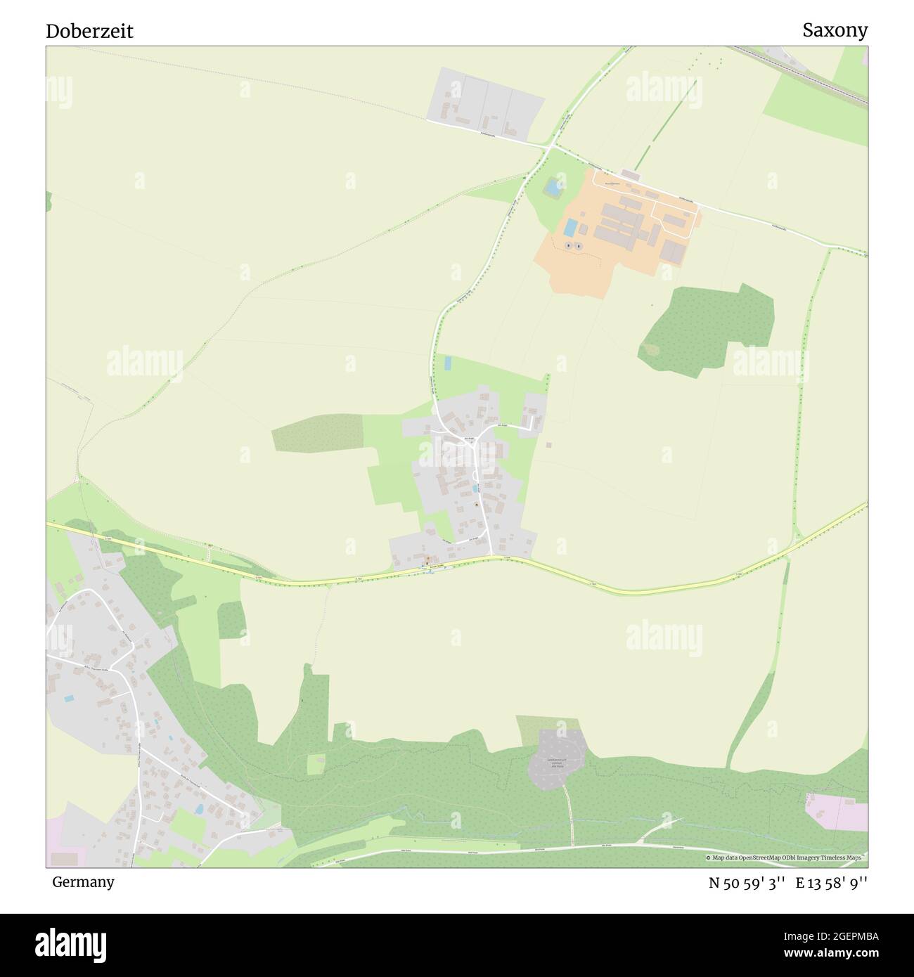 Doberzeit, Germania, Sassonia, N 50 59' 3'', e 13 58' 9'', mappa, mappa senza tempo pubblicata nel 2021. Viaggiatori, esploratori e avventurieri come Florence Nightingale, David Livingstone, Ernest Shackleton, Lewis and Clark e Sherlock Holmes si sono affidati alle mappe per pianificare i viaggi verso gli angoli più remoti del mondo, Timeless Maps sta mappando la maggior parte delle località del mondo, mostrando il successo di grandi sogni Foto Stock