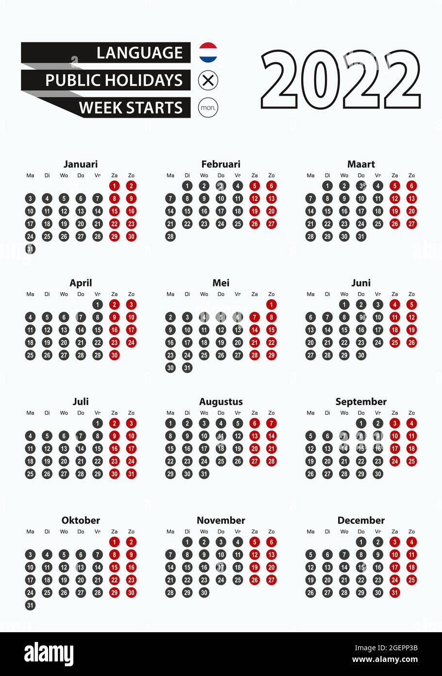 Modello vettoriale calendario 2022 con numero in cerchi, semplice calendario olandese per l'anno 2022. Illustrazione vettoriale. Illustrazione Vettoriale