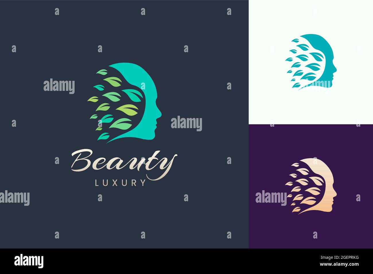 Logo di bellezza con forma a faccia e a foglia per il marchio cosmetico e per la cura della pelle Illustrazione Vettoriale