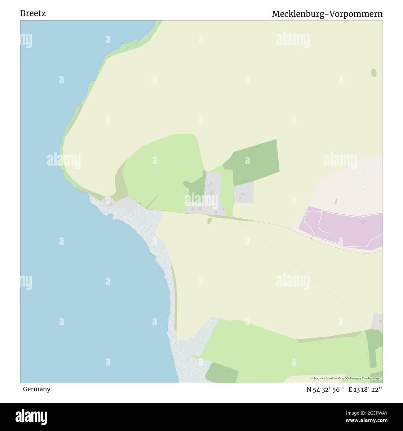 Breetz, Germania, Mecklenburg-Vorpommern, N 54 32' 56'', e 13 18' 22''', mappa, mappa senza tempo pubblicata nel 2021. Viaggiatori, esploratori e avventurieri come Florence Nightingale, David Livingstone, Ernest Shackleton, Lewis and Clark e Sherlock Holmes si sono affidati alle mappe per pianificare i viaggi verso gli angoli più remoti del mondo, Timeless Maps sta mappando la maggior parte delle località del mondo, mostrando il successo di grandi sogni Foto Stock
