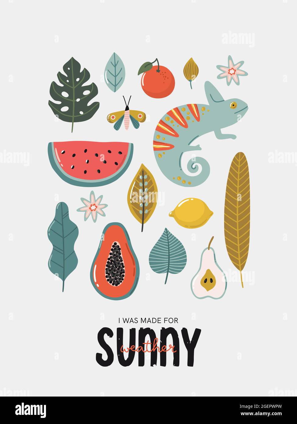 Stampa tropicale con frutta e piante esotiche. Tipografia vettoriale trendy con elementi. Illustrazioni e scritte disegnate a mano. Illustrazione Vettoriale