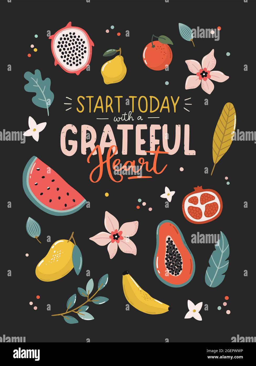 Splendida stampa tropicale con frutta e piante esotiche. Bella tipografia vettoriale con elementi. Illustrazioni e scritte disegnate a mano. Illustrazione Vettoriale