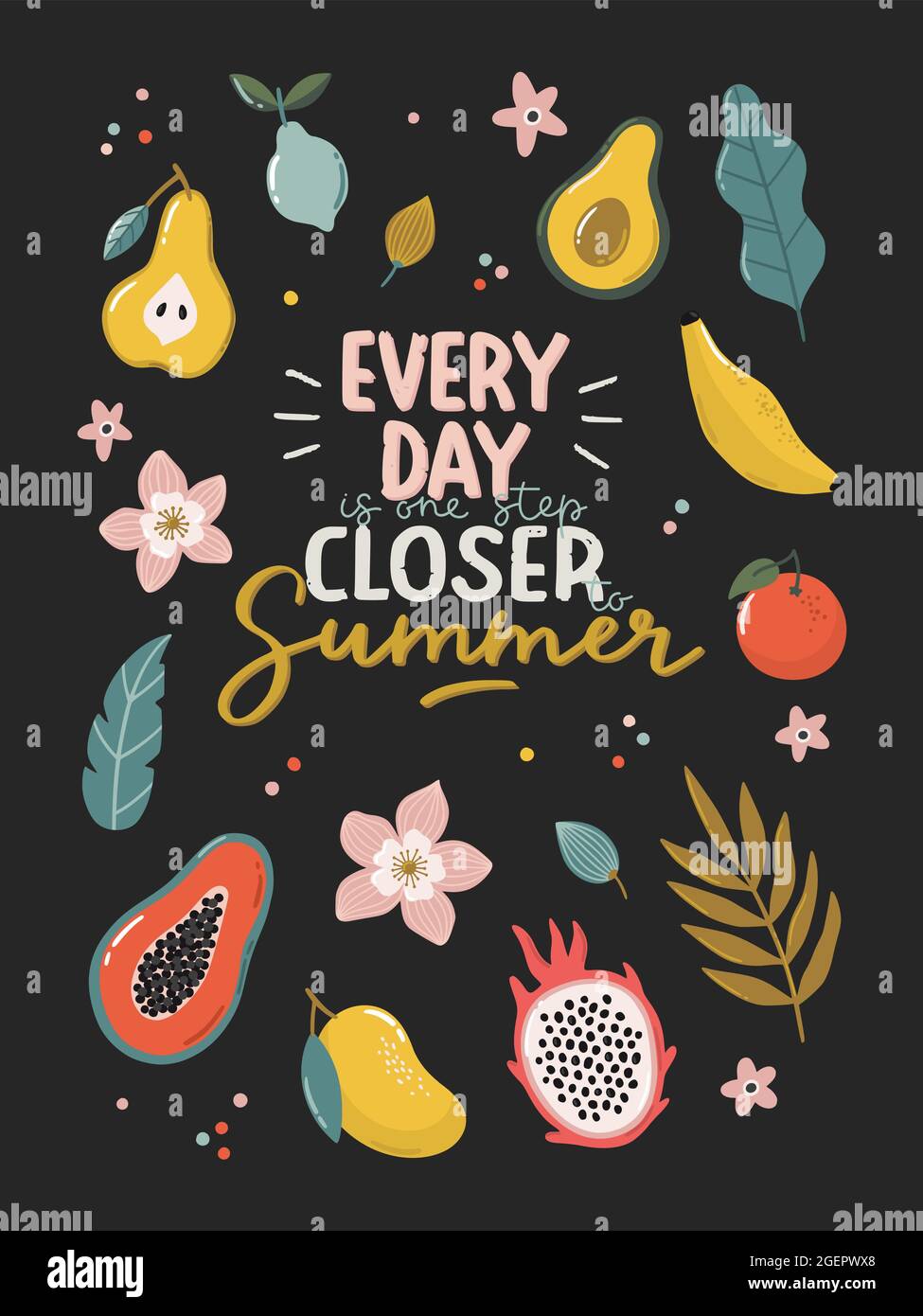 Stampa tropicale con elementi cartoni animati e bella tipografia. Illustrazioni vettoriali e scritte disegnate a mano. Perfetto per le decorazioni estive. Illustrazione Vettoriale