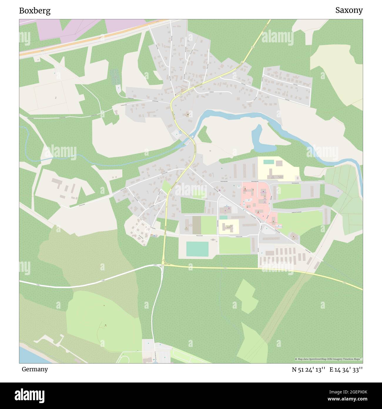 Boxberg, Germania, Sassonia, N 51 24' 13'', e 14 34' 33'', mappa, mappa senza tempo pubblicata nel 2021. Viaggiatori, esploratori e avventurieri come Florence Nightingale, David Livingstone, Ernest Shackleton, Lewis and Clark e Sherlock Holmes si sono affidati alle mappe per pianificare i viaggi verso gli angoli più remoti del mondo, Timeless Maps sta mappando la maggior parte delle località del mondo, mostrando il successo di grandi sogni Foto Stock