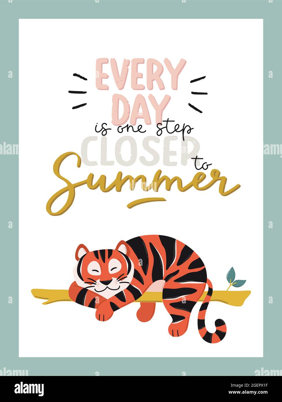 Bella stampa tropicale con elementi carini e bella tipografia. Illustrazioni vettoriali e scritte disegnate a mano. Illustrazione in stile cartone animato. Illustrazione Vettoriale