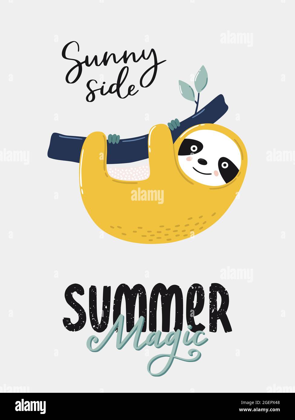 Bella stampa tropicale con cute sloth. Bella tipografia con elementi. Illustrazioni vettoriali e scritte disegnate a mano. Illustrazione Vettoriale