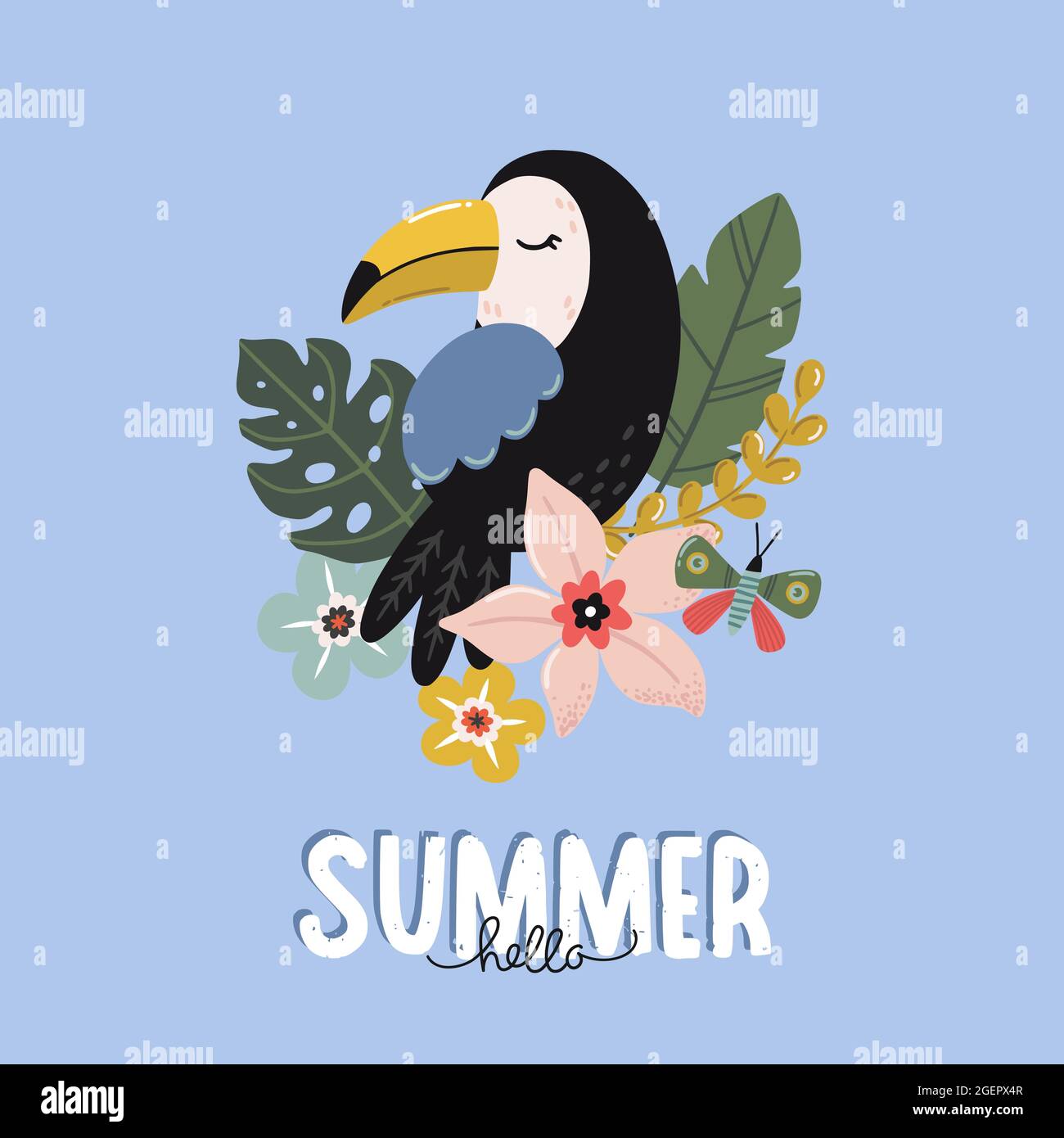 Bella stampa tropicale con elementi cartoni animati e tipografia. Illustrazioni vettoriali e scritte disegnate a mano. Buono per decorazioni estive. Illustrazione Vettoriale